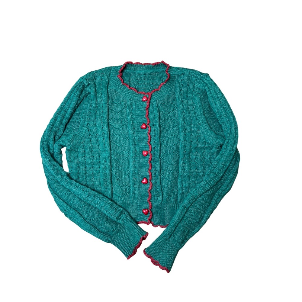 Green Heart Button Cardigan Sweater Hand Knit Feminine Cropped‎ Knit Cute Trendy